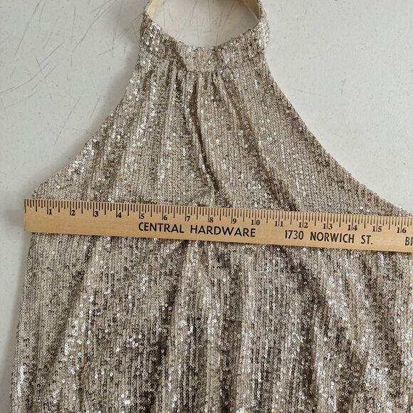Rachel Zoe Allover Sequin Halter Bodysuit Size L Gold Beige Silver Party Glam - Picture 10 of 11